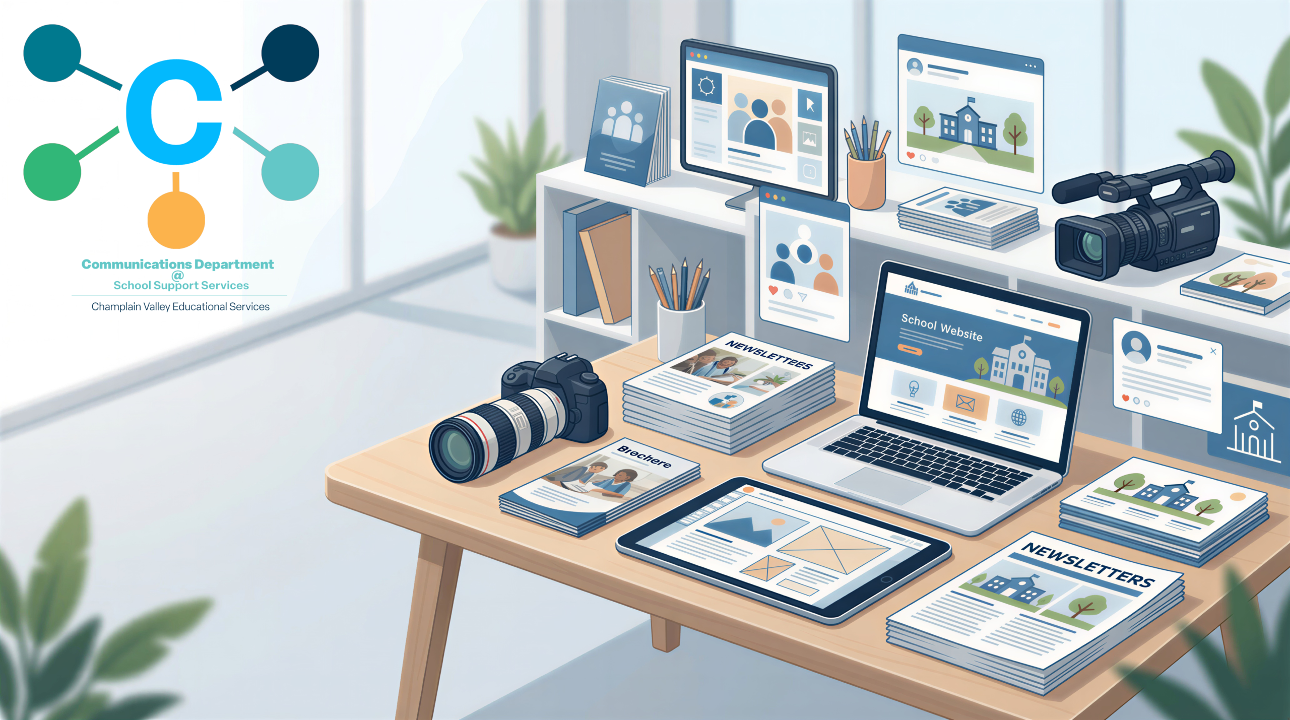Image that represents the Communications and Public Relations Department. The visuals include Design, Photography, Print, Video and Web Design. The image also includes the Logo for the department.